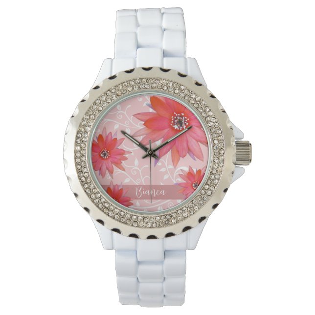 Whimsical Röda Blommor Virvlande Löv Lägg Till Nam Armbandsur (Framsida)