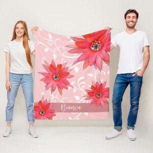 Whimsical Röda Blommor Virvlande Löv Lägg Till Nam Fleecefilt