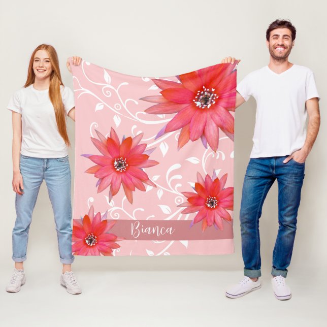 Whimsical Röda Blommor Virvlande Löv Lägg Till Nam Fleecefilt (På plats)