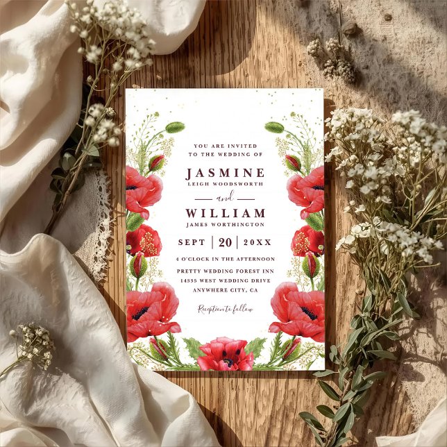 Whimsical Röda Vallmos Floral Chic QR-kod Bröllop Inbjudningar (Skapare uppladdad)