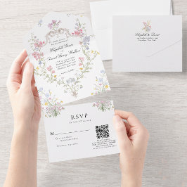 Whimsical rokoko blomkrans vigsel QR-kod RSVP