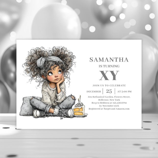 Whimsical Rolig Flicka Födelsedag Sketch Guld inbj Inbjudningar (Whimsical Funny Girl Birthday Sketch Gold invitation)