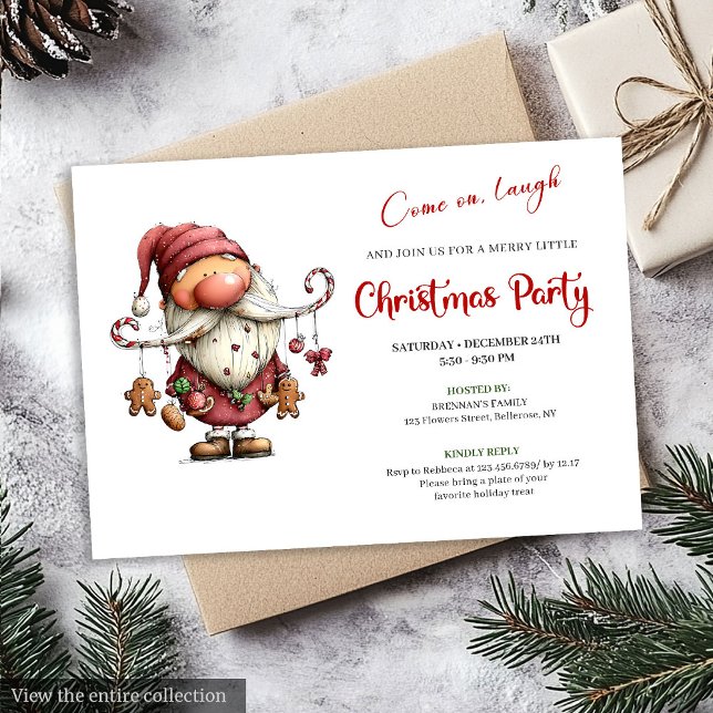 Whimsical Rolig Tomte Vattenfärg Holiday Inbjudan (Whimsical Funny Santa Watercolor Holiday Invitation)
