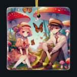 Whimsical Romantic Anime par Julgransprydnad Keramik<br><div class="desc">Personlig Julprydnad för par. Romantisk keepsakpresenter. Lägg till namn och år i personifieringsområdet. Djuppojke och flicka i kärlek sitta i ett parti svampar och blommor av vintage med fjärilar som flyger i bakgrunden.</div>