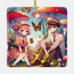 Whimsical Romantic Anime par Julgransprydnad Keramik<br><div class="desc">Personlig Julprydnad för par. Romantisk keepsakpresenter. Lägg till namn och år i personifieringsområdet. Djuppojke och flicka i kärlek sitta i ett parti svampar och blommor av vintage med fjärilar som flyger i bakgrunden.</div>