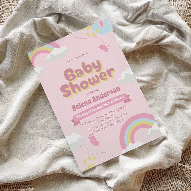 Whimsical rosa baby shower inbjudan med regnbåge (Skapare uppladdad)
