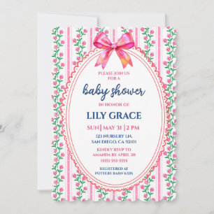 Whimsical Rosa Blommig & Bow Baby Shower Inbjudan
