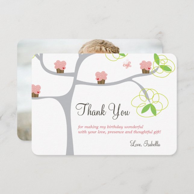 Whimsical Rosa Cupcakes Träd Barnens Födelsedagsfo Tack Kort (Fram/baksida)