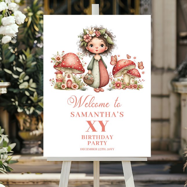 Whimsical Rosa Fåblush Födelsedags Välkomstskylt Poster (Whimsical Pink Fairy Blush Birthday Welcome Sign)