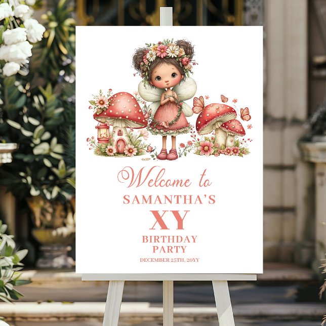 Whimsical Rosa Fe 3-års Födelsedags Välkomstaffisc Poster (Whimsical Pink Fairy 3rd Birthday Welcome Poster)
