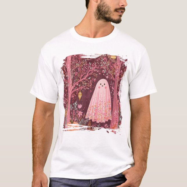Whimsical Rosa Ghost in Enchanted Blommigt Forest T Shirt (Framsida)