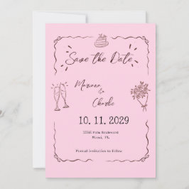 Whimsical Rosa Handritad Illustrerad Bröllop Spara Datumet