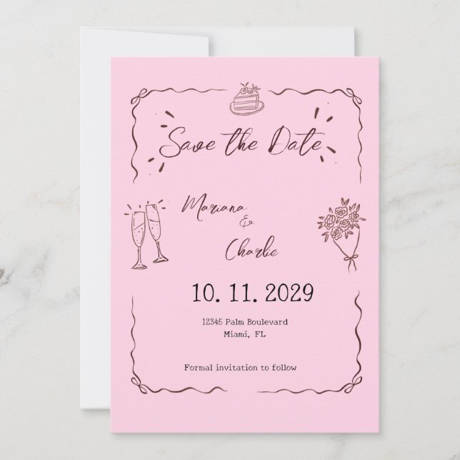 Whimsical Rosa Handritad Illustrerad Bröllop  Spara Datumet (Framsida)