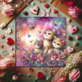Whimsical Rosa Lila Watercolor Kittens Valentine Julkort