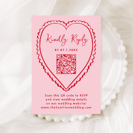 Whimsical Rosa och Röd Hjärt QR-kod Bröllop OSA Kort