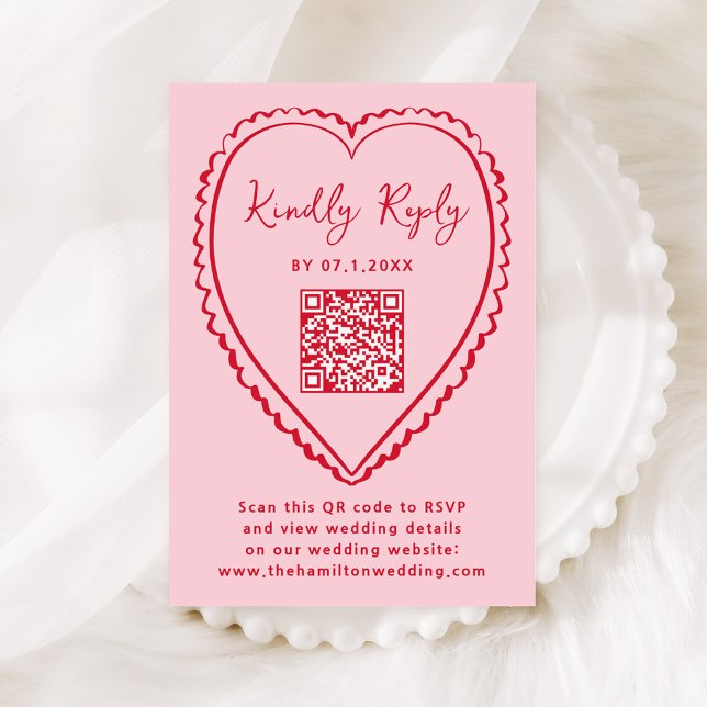 Whimsical Rosa och Röd Hjärt QR-kod Bröllop OSA Kort (Skapare uppladdad)