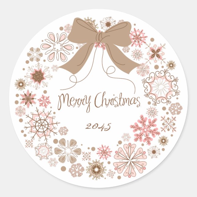 WHIMSICAL ROSA SNÖFLINGOR WREATH CHRISTMAS STICKER RUNT KLISTERMÄRKE (Framsida)