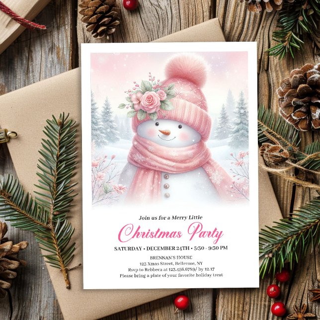 Whimsical Rosa Snömannen Digital Julinbjudan  Inbjudningar (Whimsical Pink Snowman Digital Christmas Invite for Kids)