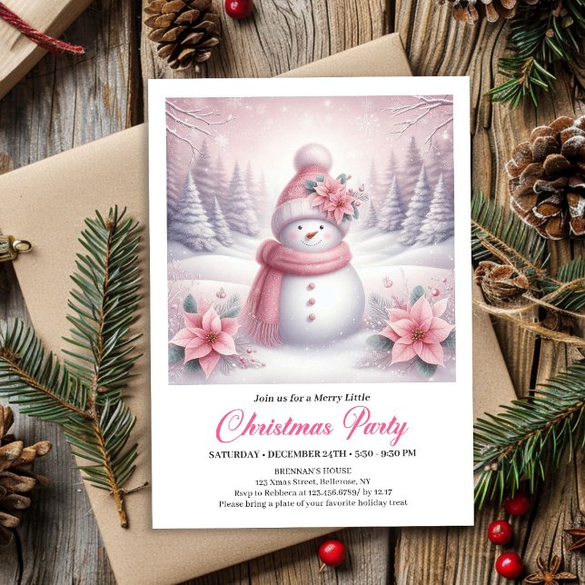 Whimsical Rosa Snömannen Redigerbar Jul Barn  Inbjudningar (Whimsical Pink Snowman Editable Christmas Kids Invite File)