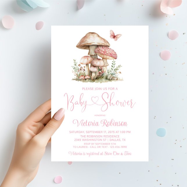 Whimsical Rosa Svamp Fjäril Baby Shower  Inbjudningar (Girl mushroom and butterfly baby shower invitation. Simply add your event details. )