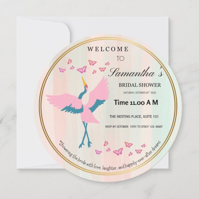 Whimsical Rosa Trana Bröllopsdusch Inbjudan | Co (Framsida)
