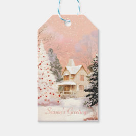 Whimsical Rosa Vinterstuga Jul Presentetikett