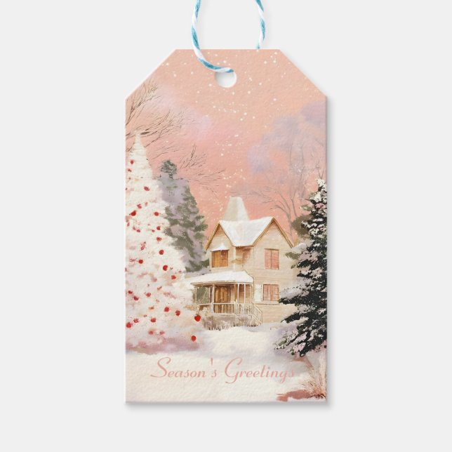 Whimsical Rosa Vinterstuga Jul Presentetikett (Framsidan)