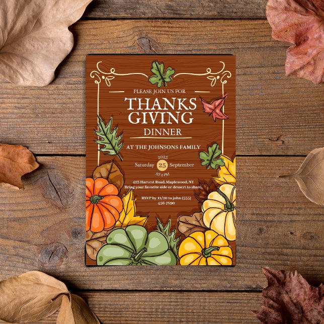 Whimsical Rustik Thanksgiving Middag Pumpa Höst Inbjudningar (Whimsical Rustic Thanksgiving Dinner Pumpkin Fall Invitation)