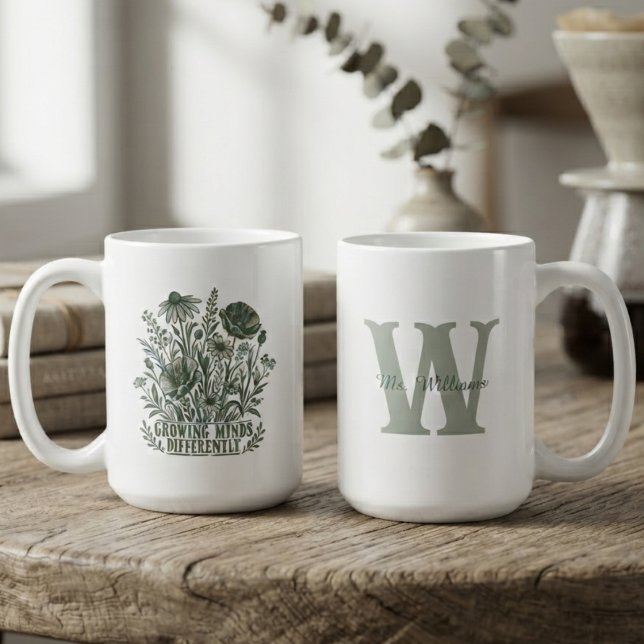 Whimsical Sage Botanisk Odling Av Sinnen Kaffemugg (Sage botanical mug for special education teachers during the upcoming season.)