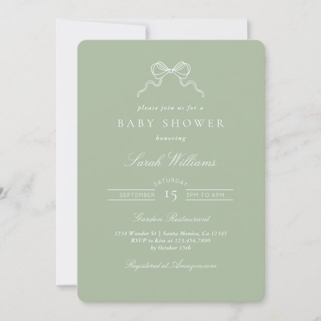 Whimsical Sage Bow Baby Shower-inbjudan Inbjudningar (Framsida)