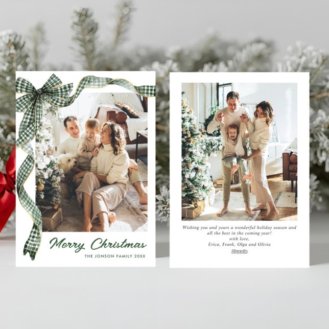 Whimsical Sage Green Christmas Bow Ribbon 2 Photo Julkort (Skapare uppladdad)