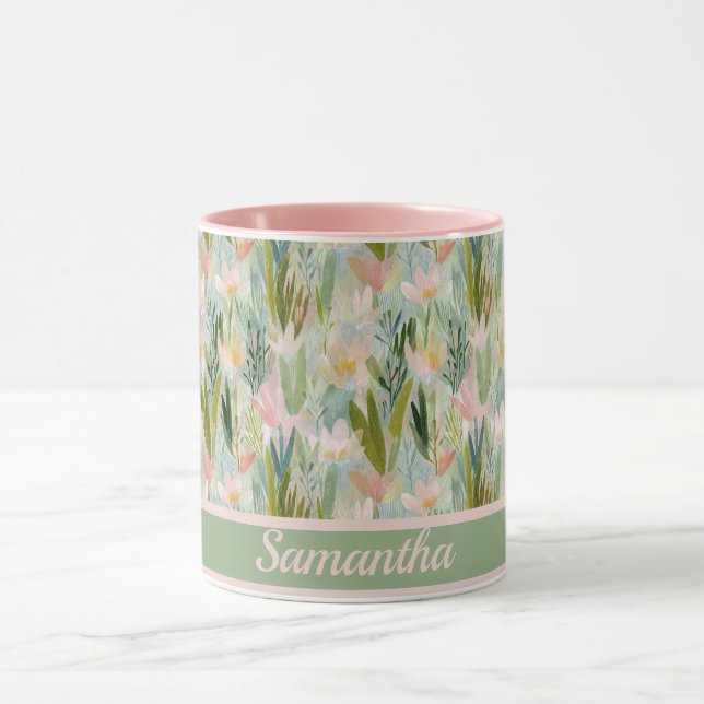 Whimsical Sage Green Floral Personalized  Mugg (Center)