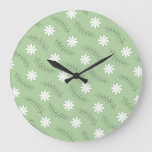 Whimsical Sage Grönt Blommigt Retro, Cheerful Stor Klocka