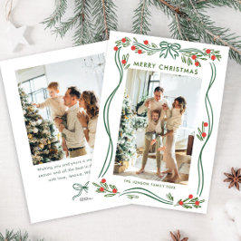 Whimsical Sage Grönt jul Bow Ribbon 2 Photo Julkort