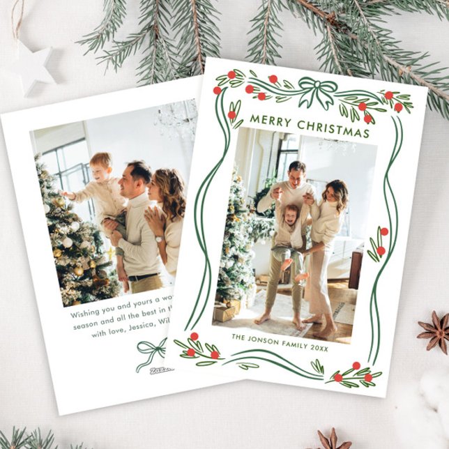 Whimsical Sage Grönt jul Bow Ribbon 2 Photo Julkort (Skapare uppladdad)