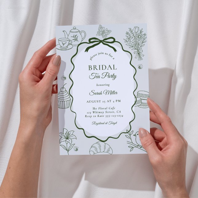Whimsical Sage Hand Drawn Tea Party Bridal Shower Inbjudningar (Skapare uppladdad)