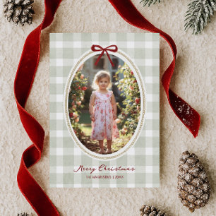 Whimsical Sagegrön Gingham Julkort