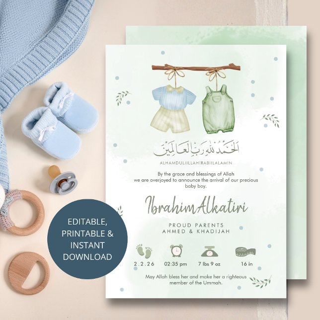 Whimsical Sagegrön Islamisk Baby Boy Födelse Meddelande (Skapare uppladdad)