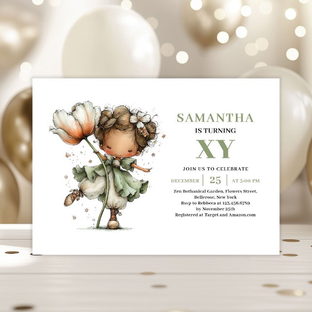 Whimsical Sagoblomster till Flicka 1-årsfirande Inbjudningar (Celebrate a magical birthday with this whimsical fairy girl invitation, designed in soft sage and pa)
