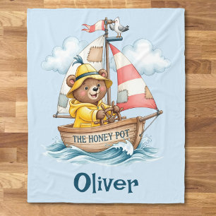 Whimsical Sailor Bear på segelbåt Fleecefilt