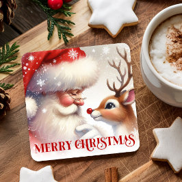 Whimsical Santa Claus Rudolph Holiday Paper Coaste Underlägg Papper Kvadrat