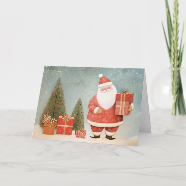Whimsical Santa Claus with Christmas Tree & Gifts Kort (Framsida)