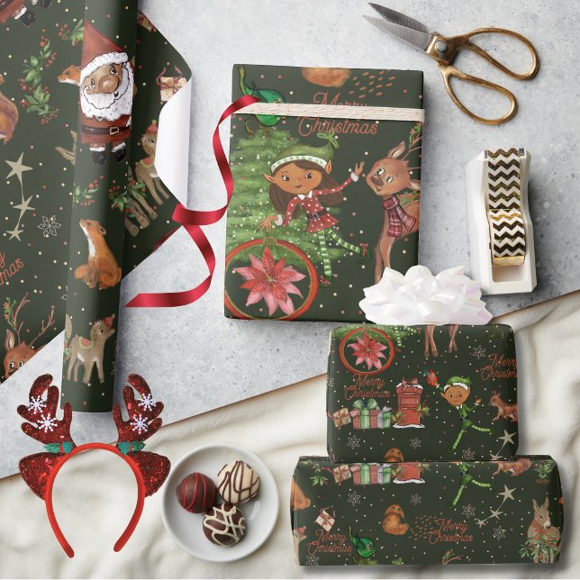 Whimsical Santa Elf & Friends Christmas Green Presentpapper (Whimsical Santa Elf & Friends Christmas Green Wrapping Paper)