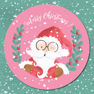 Whimsical Santa God jul Rosa Stickers Runt Klistermärke