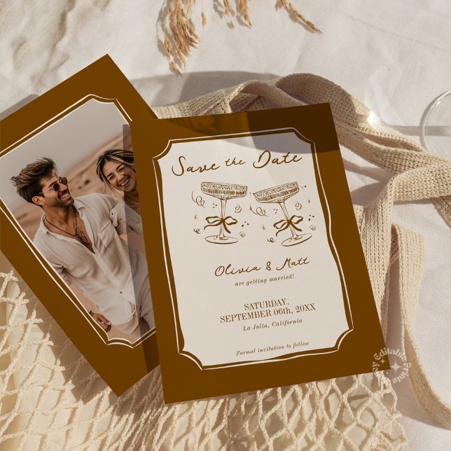 Whimsical Save The Date Champagne with Photo Boho Inbjudningar (Whimsical Save The Date Champagne with Photo Boho Invitation)