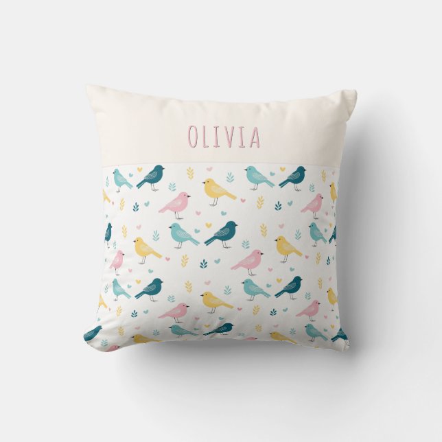 Whimsical Scandi Bird Pattern Personalized Nursery Kudde (Framsida)