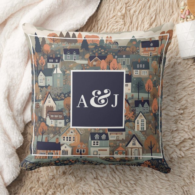 Whimsical Scandinavian Village Monogram Kudde (Filt)