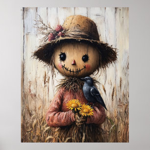 Whimsical Scarecrow Holding Sunflowers Poster