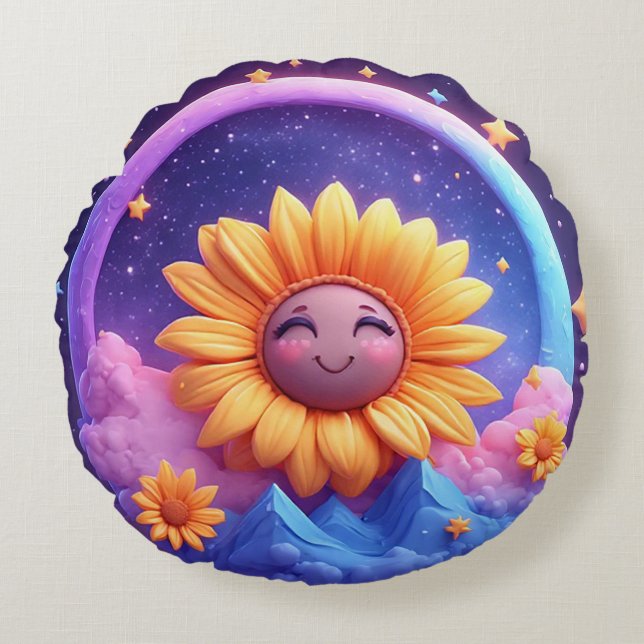 Whimsical Scen Omgiven av Solrosor Rund Kudde (Framsidan)
