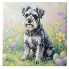 Whimsical Schnauzer with Easter Eggs Kakelplatta